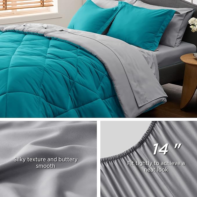 Bedsure Teal Twin Comforter Set - 5 Pieces Reversible Twin Bed in a Bag, Extra Long Twin Bed Set with Comforters, Sheets, Pillowcase & Sham, Twin Bedding Sets for College