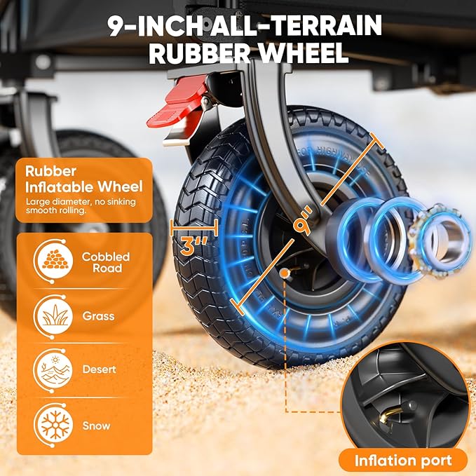 Big Rubber Wheels Beach Wagon Cart Foldable, 9x3 All-Terrain Wheels, Heavy Duty Collapsible Utility Wagon with 330lbs Capacity, Compact Storage, Easy Transport for Sand Camping Sports, Black