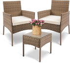 YIYAN 3 Pieces Patio Bistro Set Outdoor Wicker Furniture Outdoor Porch PE Rattan Wicker Chairs Furniture Sets with Sofa Chairs,Glass Coffee Table and White Washable Cushion