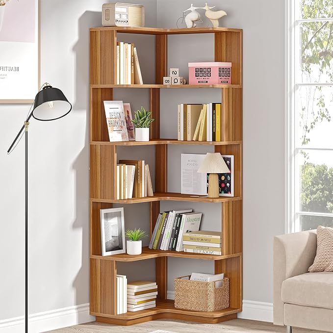 6-Shelf Corner Bookshelf, 65” Tall L Shaped Bookcase, 6-Tier Industrial Corner Shelf Storage Display Rack for Living Room Home Office, Wood Grain Walnut
