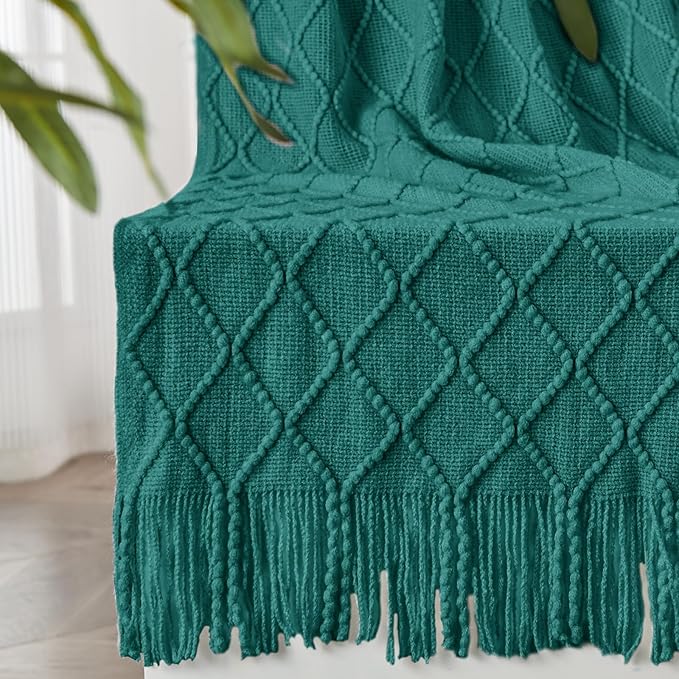 inhand Knitted Throw Blankets for Couch and Bed, Soft Cozy Knit Blanket with Tassel, Blue Lightweight Decorative Blankets and Throws, Farmhouse Warm Woven Blanket for Men and Women, 50"x60"