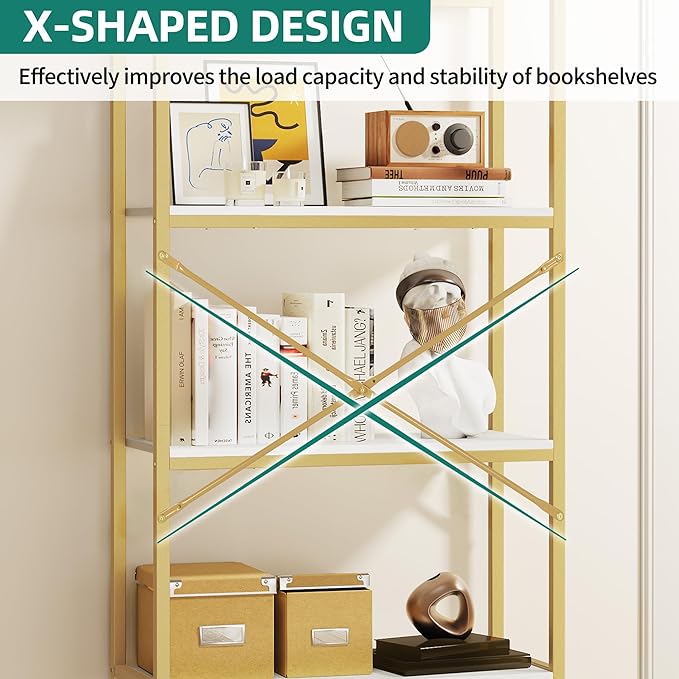YITAHOME Gold Bookshelf and Bookcase, 71.3” Tall Modern Open Arched Book Shelf, 4-Tier Freestanding Storage Display Rack Shelves for Bedroom,Living Room,Office,Kitchen, White&Gold