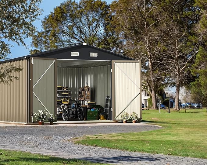 Greesum 10x10FT Outdoor Storage Shed, Utility Tool Shed Metal Storage Garden Shed with Door & Lock for Patio Storage, Brown
