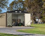 Greesum 10x10FT Outdoor Storage Shed, Utility Tool Shed Metal Storage Garden Shed with Door & Lock for Patio Storage, Brown