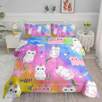 Axolotl Cat Bedding Twin Cartoon Cat Comforter Set,Rainbow Printed Kids Bedding Set for Girls Kids Adults Teens,Kids Comforter Set All Season,1 Quilt 2 Pillow Cases,Colorful Pink Blue