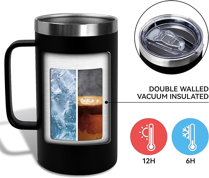 DOMICARE 24oz Mug with Handle and Lid, Stainless Steel Coffee Mug, Reusable Insulated Cup, Travel Mug with Handle, Double Wall Vacuum Coffee Tumbler for Men and Women, Black, Pack 1