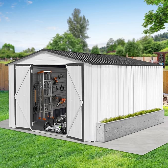 10x12 FT Metal Outdoor Storage Shed & Double Hinged Large Door - Heavy-Duty Shed with Floor, Lockable & Ventilation - Rainproof Windproof Large Utility Garden Shed for Backyard Patio Lawn