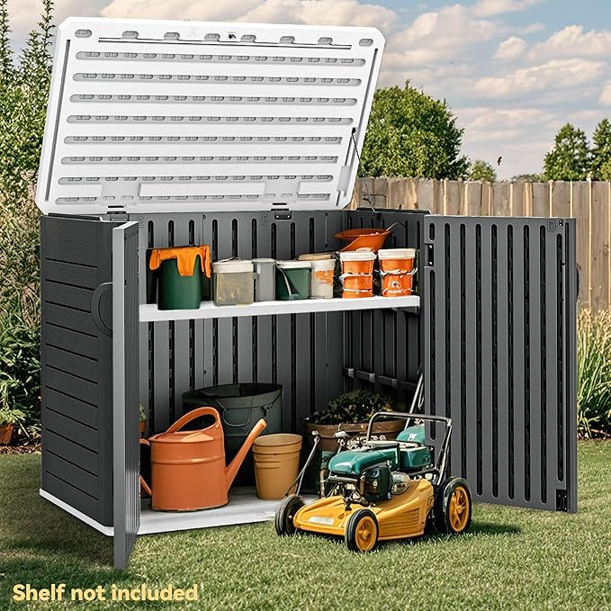 DWVO 35 Cu Ft Storage Shed with Unique X-Shaped Lockable Door, Outdoor Weatherproof Resin Shed Without Shelf for Waste Bins, Bicycles, Gardening & Lawn Equipment, Dark Gray