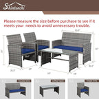 Shintenchi 4-Piece Outdoor Gray Wicker Patio Conversation Furniture Set, Rattan Patio Furniture Set with Weather Resistant Cushions and Tempered Glass Tabletop,Navy Blue