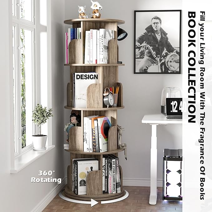 Nisorpa 4 Tier Rotating Bookshelf, 360° Revolving Bookcase Wood Rotating Stackable Shelves Floor-Standing Storage Display Rack Used in Bedrooms Living Rooms Study Office (52"x18"x18")