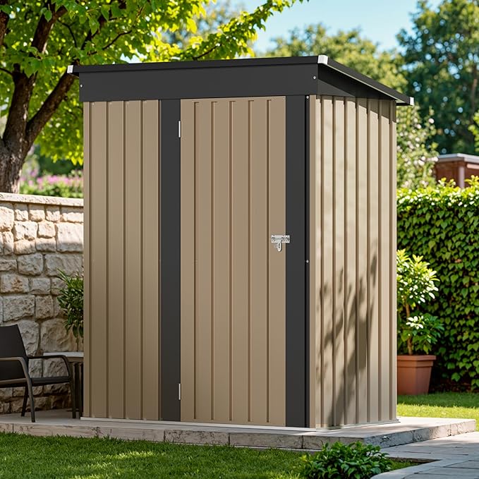 Devoko Outdoor Storage Shed 5 x 3 FT Lockable Metal Garden Shed Steel Anti-Corrosion Storage House with Single Lockable Door for Backyard Outdoor Patio (Brown)