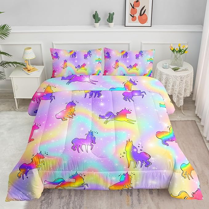 Datura home Unicorn Rainbow Comforter Bedding Set for Girls Kids Children Teens,Sky Glitter Star Colorful Bedding Set with 1 Comforter and 2 Pillowcases(Unicorn3 Twin)