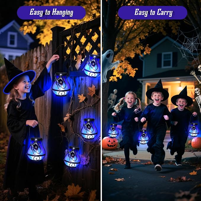 2 Pack Halloween Lights Outdoor Spider Hanging Solar Lantern Flickering Flame Lights Garden Patio Porch Halloween Party Decoration