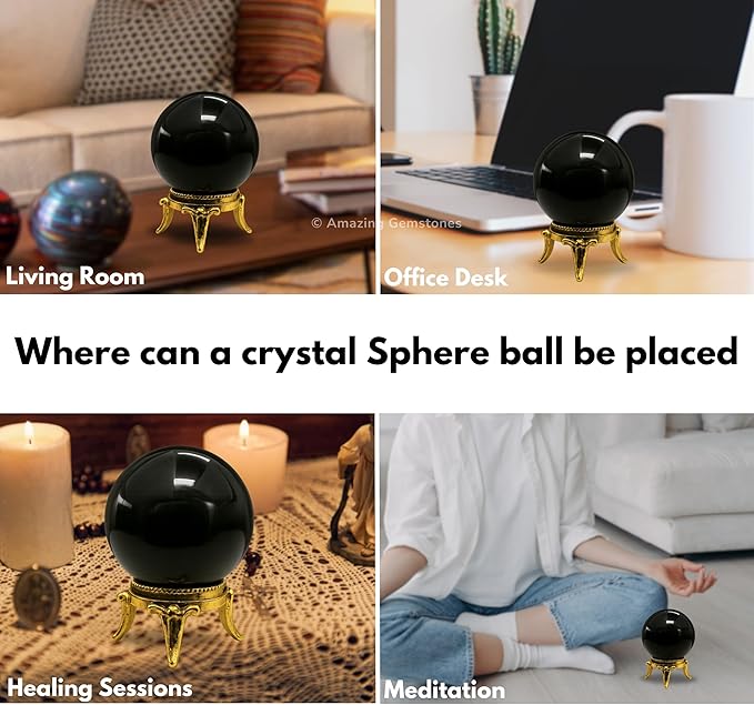Amazing Gemstone Black Agate Crystal Ball with Stand - 2" Inches Crystal Sphere Meditation Balls for Witchcraft and Decorative Balls