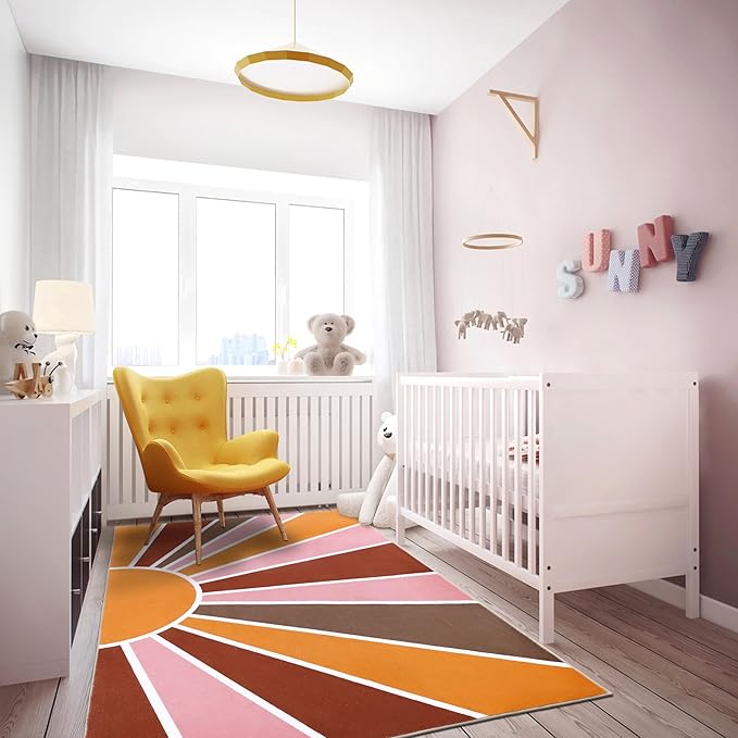 Topotdor Sun Rainbow Area Rug 4 x 6ft Boho Kids Nursery Rug, Colorful Washable Area Rug Ultra Soft Circle Classroom Rug Non-Slip for Bedroom Living Room Playroom Decor, Pink