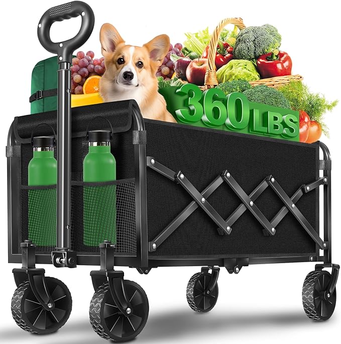 Collapsible Wagons Carts Foldable Wagon, Foldable Wagon Cart with Wheels, Folding Wagons for Beach Camp Sports Garden, 2 Cup Holders/Lightweight Portable/Black/360 LBS