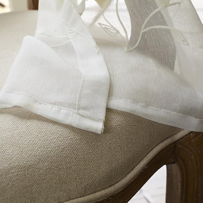 Beige Bird Embroidered Sheer Curtains, 59 x 79, 2 Panels | Country Home Style, Lightweight Voile Fabric, Filters Natural Light, for Living Room and Dining Room