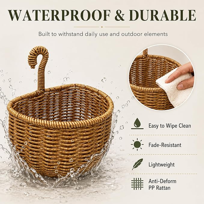 2 Pack Hanging Wall Storage Basket, Woven Rattan Organizer，COFFEE BROWN | Rustic Hand woven wall organizer with hook for kitchen, bathroom and entryway storage, Space-saving decor for modern homes
