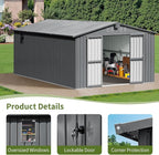10x12 Ft Large Outdoor Storage Shed, Dark Grey Metal Garden Outdoor Storage Workshop Shed with Lockable Doors, Windows, Air Vents, Waterproof for Backyard, Mower Storage, Backyard, Lawn, Patio