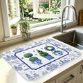 Chinese Blue White Dish Drying Mat for Kitchen Counter Coffee Bar 18x24 in | Chinese Aesthetic Non Slip Absorbent Kitchen Dishes Drainer Mat, with Anti-slip Rubber Backing & Hanging Loop, for Sink