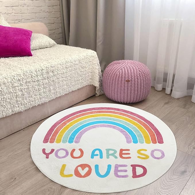 Topotdor Rainbow Round Rug for Girls Bedroom,Colorful Boho Decor Nursery Area Rug,Ultra Soft Machine Washable Kids Play Mat,47" Round