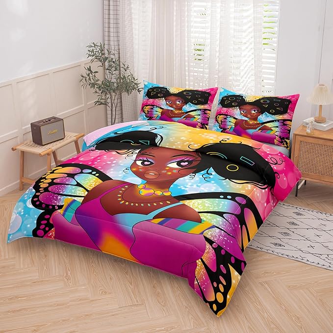 Tailor Shop Fantasy Black Girl Comforter Set Rainbow Butterfly King Size Bedding Sets for Girls Kids Kawaii Magic African American Black Girl Bedding Set with 2 Pillowcase Girls Room Decor