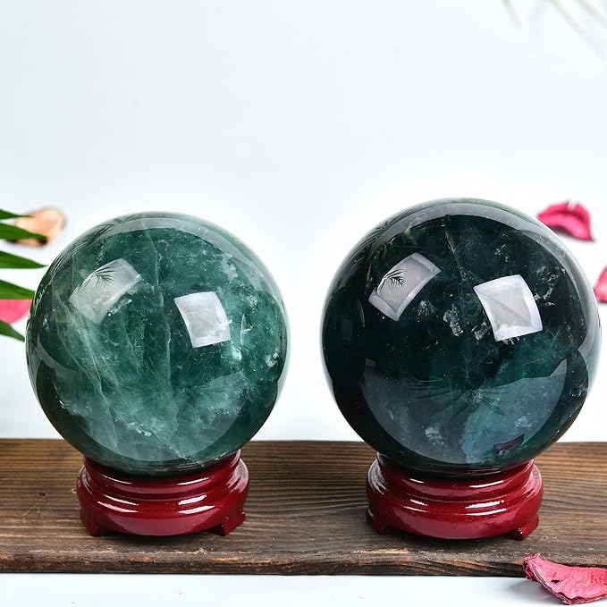 JIC Gem Big Green Fluorite Crystal Ball Sphere Decorative Ball with Wooden Stand for Meditation、Fengshui、Home Decors Healing Crystal Ball (90-100mm)