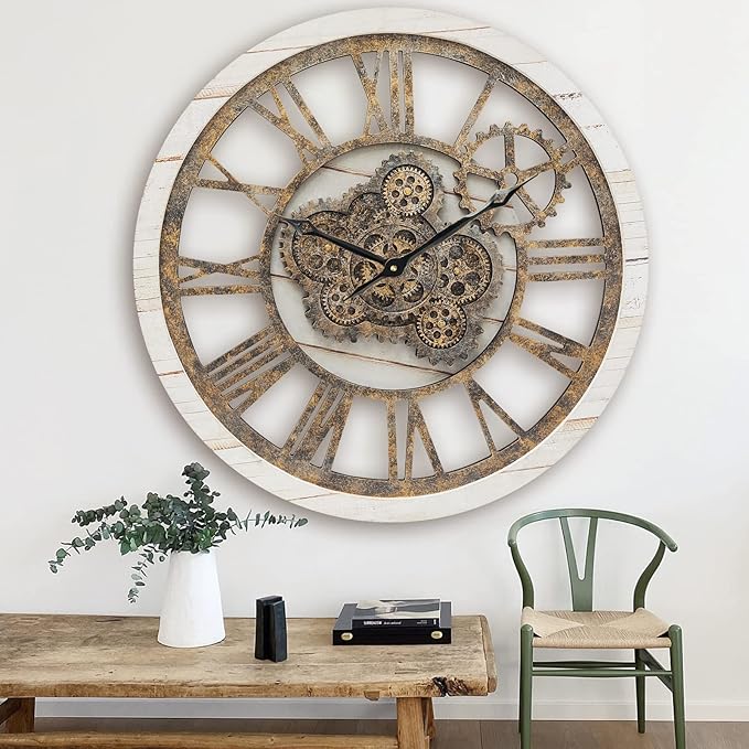 HOIBAI Wall Clock, 24 Inch Moving Gears Clock Large Wall Clock for Living Room Decor Rustic Vintage Industrial Steampunk Farmhouse Big Clock for Home Kitchen Bedroom Office
