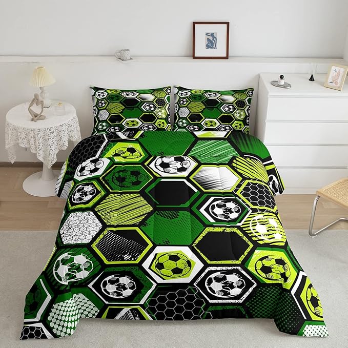 Erosebridal Boys Football Comforter Set Full Soccer Sports Bedding Set Twin for Kids Teen,Geometric Honeycomb Down Comforter Hexagon Beehive Quilt Duvet Duvet Insert Green Black White 2 Pillow Cases