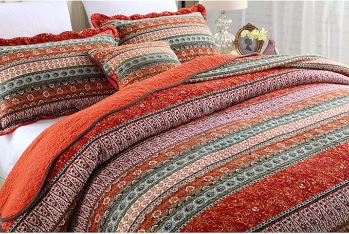 NEWLAKE Striped Classical Cotton 3-Piece Patchwork Bedspread Quilt Sets, Queen Size