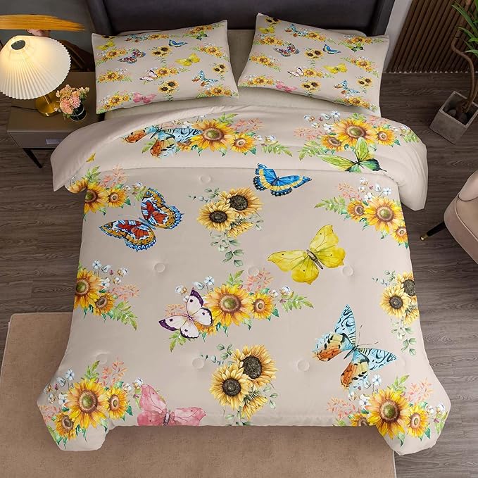 Tailor Shop Sunflower Comforter Sets Queen Size,Sunflower Bedding Sets for Teens Kids Butterflies Comforter Sets,Butterfly Bedding Sets Vintage Yellow Flowers Bedding Sets with 2 Pillowcases