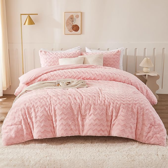Andency Pink Fleece Comforter Set Queen Size, 3 Pieces Plush Shaggy Faux Fur Bed Comforter Set for Queen Bed, Fuzzy Fluffy Warm Bedding Set for Women Girls