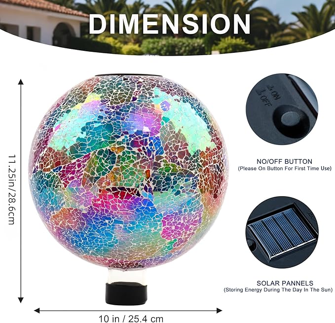 VOREEN Mosaic Solar Glass Gazing Ball, 10 Inch Colorful Gazing Globe, Handmade IP44 Waterproof Garden Decor Outdoor Ornament Sphere for Patio Lawn Yard, Gift for Mom Wife Friend