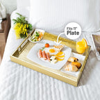 17" x 12" Wood Serving Tray with Gold Polished Metal Handles, Home Decorative Wooden Rectangle Ottoman Leather Decor Platter Bathroom Vanity Tray for All Occasions Alligator Gold