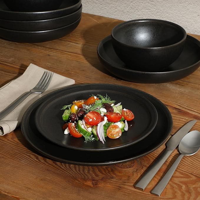 Gibson Elite Beckett Stoneware Matte Reactive Glaze 16 Piece (Service for 4) Plates and Bowls Dinnerware Set - Black