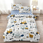 5-Pcs Construction Full Size Boys Bedding Set, Kids Comforter Set for Teens w/Sheets and Pillowcase, Soft Cartoon Tractor Cars Bed in a Bag Sets