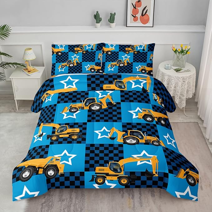 Axolotl Excavator Comforter Set Twin Size,Blue Plaid Comforter Set with Star,Excavator Bedding Set for Kids Boys Teens,Construction Vehicle Comforter Set for Boys,1 Quilt 2 Pillowcases