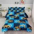 Axolotl Excavator Comforter Set Queen Size,Blue Plaid Comforter Set with Star,Excavator Bedding Set for Kids Boys Teens,Construction Vehicle Comforter Set for Boys,1 Quilt 2 Pillowcases