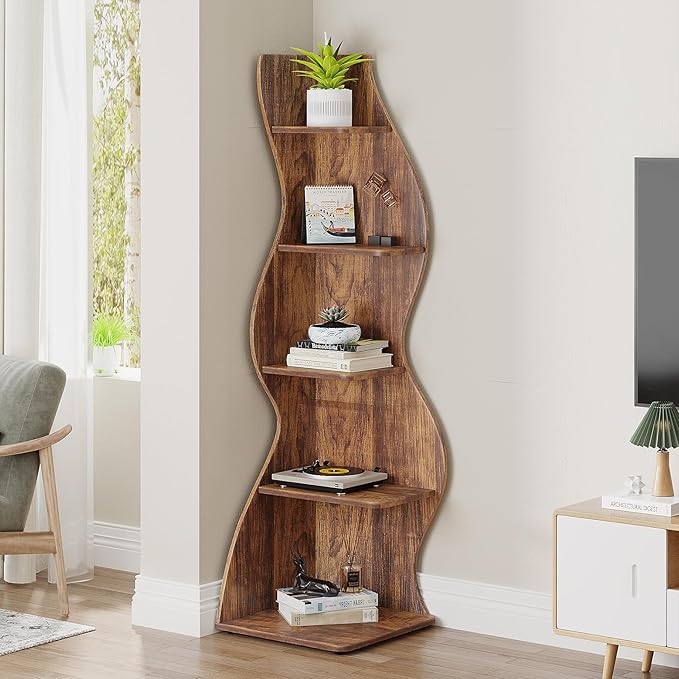 Small Corner Shelf, Modern 5-Tier Wall Corner Bookshelf, Stylish Bookcase Storage Rack for Small Space,Living Room. Bedroom