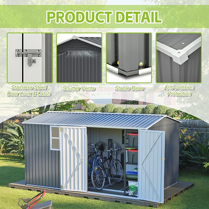 8x12 Ft Storage Shed Outdoor, XL Heavy-Duty Steel Building with Window – Features Hinged Gray Doors & 4 Air Vents for Backyard, Garden, Patio (Gray)