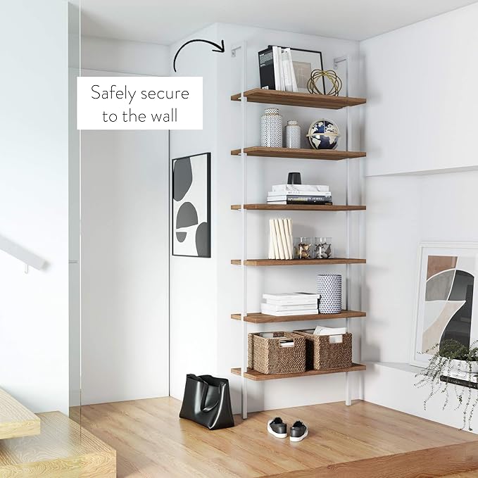 Nathan James Theo 6-Shelf Tall Bookcase, Wall Mount Bookshelf with Natural Wood Finish and Industrial Metal Frame, Rustic Oak/White