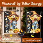 Thanksgiving Lighted Garden Flag, Solar Fall Outdoor Decor Yard Flag,8 Modes Led Scarecrow Flag,28x40 Double Sided Maple Leaf Pumpkin Bird Decorations for Home Porch
