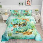 Datura home Sea Turtle Comforter Bedding Set for Kids Teens Adults,Watercolor Sea Turtle Light-Green and Blue Coral Seaweed Ocean Themed Comforter with 2 Pillowcases(Turtle Twin),Green Turtle