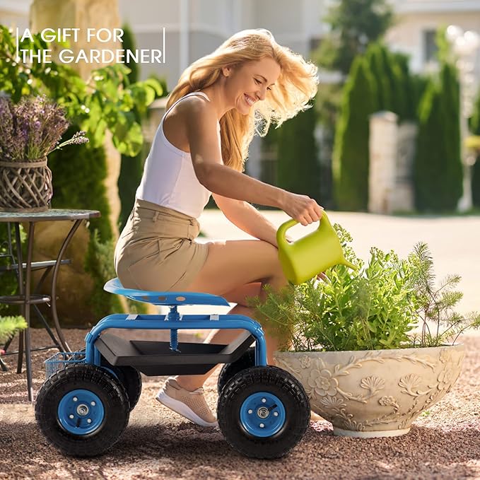 Rolling Garden Tool Cart with Seat Heavy Duty Scooter with Handle and Storage for Seniors Garden Cart on Wheel,Blue