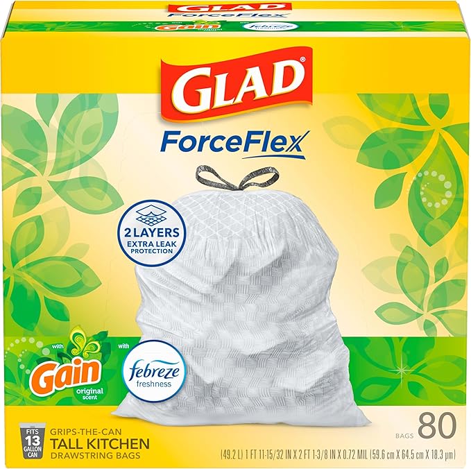 Glad ForceFlex Tall Kitchen Trash Bags, 13 Gal, Gain Original with Febreze, 80 Ct (Pack May Vary)