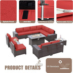 Patio Furniture Sectional Sofa Set 13-Pieces PE Rattan Patio Conversation Set w/43in Gas Fire Pit Table, Outdoor Furniture with 55000 BTU Propane Fire Pit, Red