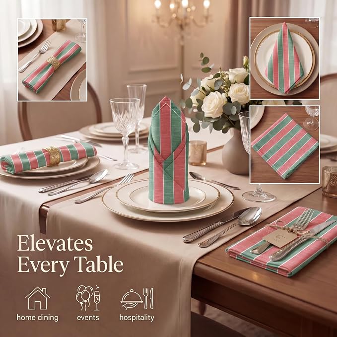 Urban Villa Cloth Napkins Cotton 20x20 (Set of 12) Cristmas Stripes
