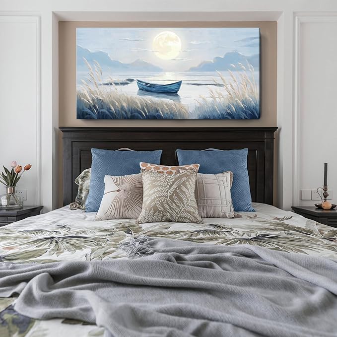 Oversized Large Living Room Wall Art, Blue Wall Decor for Bedroom, Modern Nautical Ocean Beach Seascape Nature Picture Sailboat Moon Lake Mountain Canvas Print Relaxing Serene Coastal Rustic Artwork