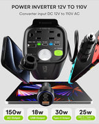 150W Car Power Inverter, 12V DC to 110V AC Car Plug Adapter Outlet Converter, with 2 AC Outlets, A 18W USB A and Dual 30W PD Car Charger, for Laptop Computer - Black