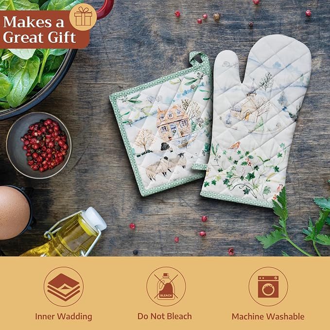 Maison d'Hermine Oven Gloves 100% Cotton Oven Mitt (7" x 13", Pack of 1) | With Loop Heat Resistant BBQ Cooking Gloves Baking Kitchen Handling Hot Pans Thanksgiving Christmas - Snowy World